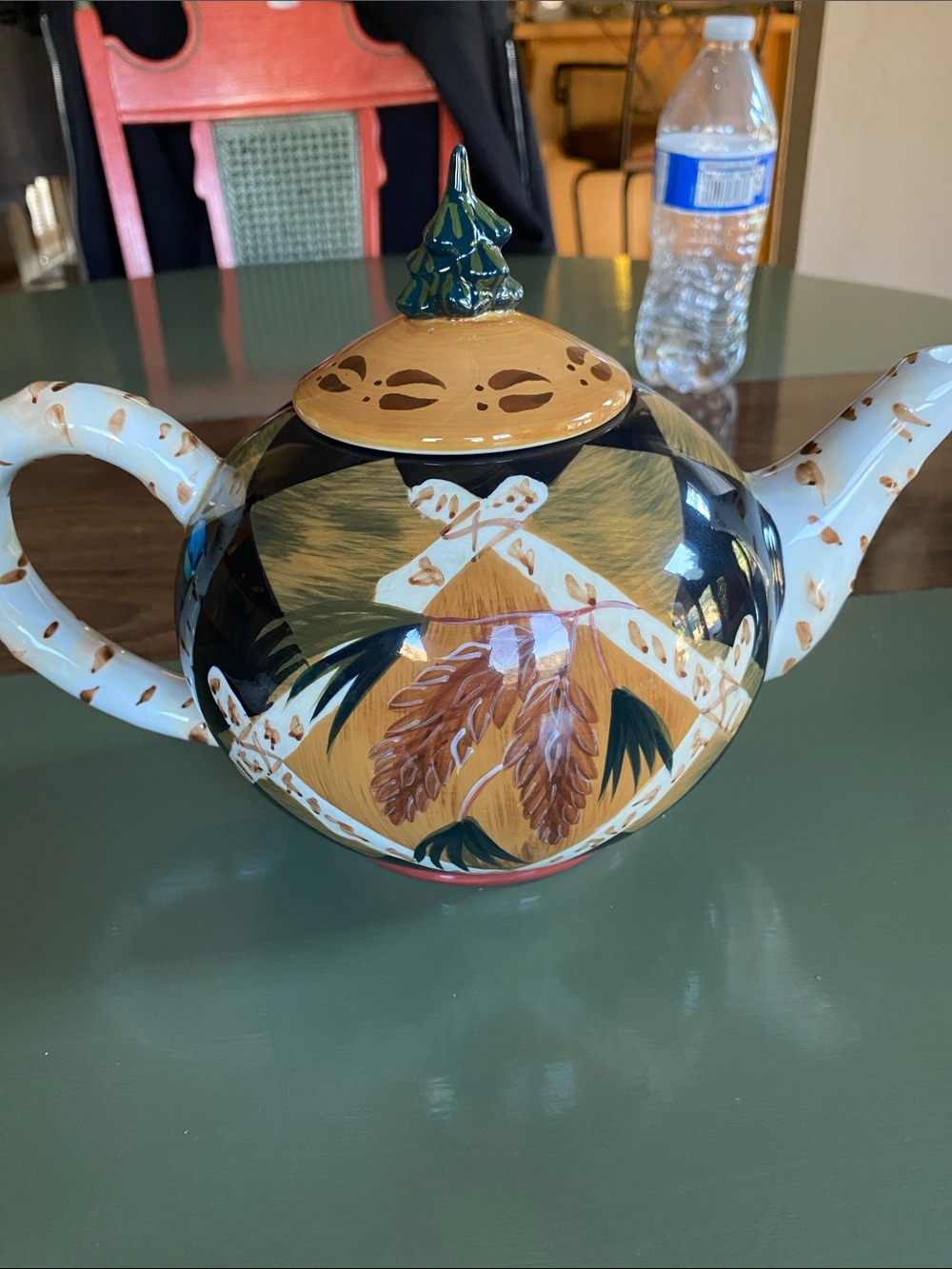 Home Art Decorative Ceramic Teapot - Hand-Painted Brown & Green